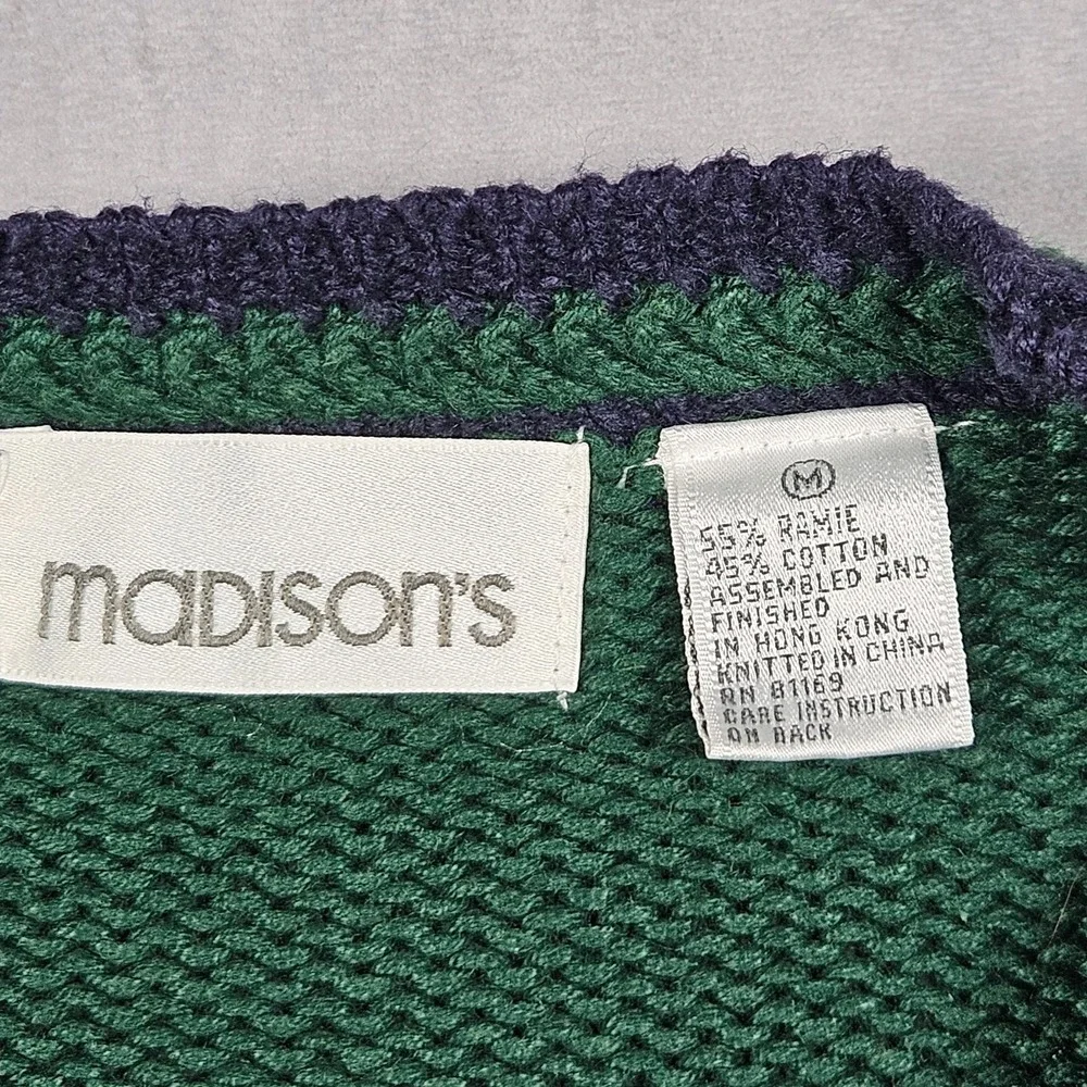 Vintage Cardigan Sweater Women's Medium Green Argyle Chunky Knit Grandma‎ 90s